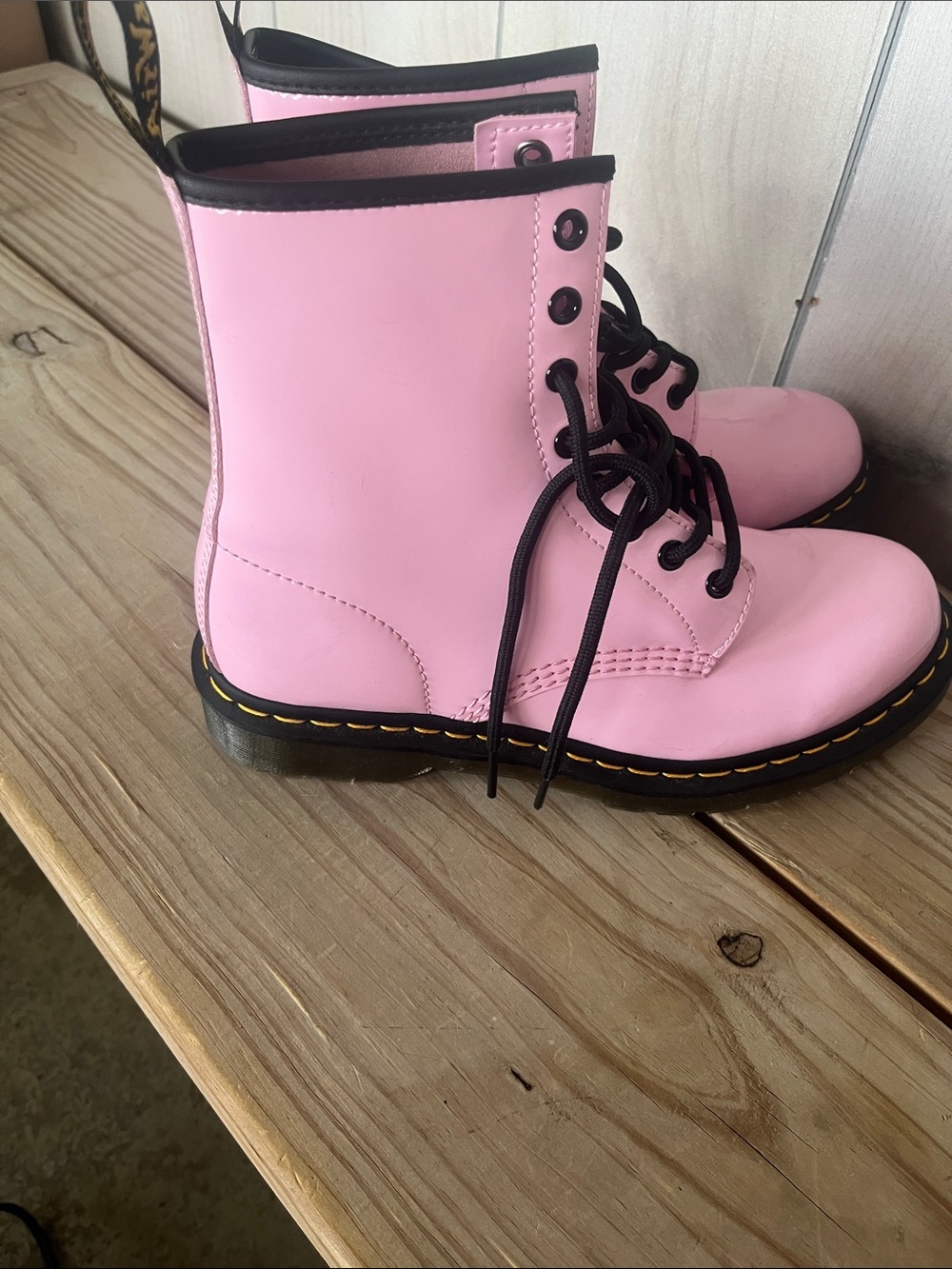 Dr. Martens Glossy Pink Lace-Up Combat Boots - Picture 2 of 13